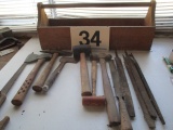 LOT-LARGE WOODEN TOOL BOX WITH 12 ASSORTED HAMMERS/HATCHETS/SAW