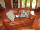 5 FT. CHESTNUT LEATHER SOFA W/2 THROW PILLOWS-LIKE NEW