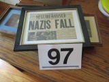 LOT-(7) ASST FRAMED ART/NEWSPAPER ARTICLES. INCLUDES RICHMOND TIMES 'NAZIS FALL' ENDING WW ii