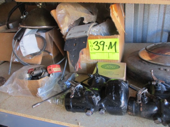 SHELF LOT-(2) ZENITH CARBS/VALVE GUIDES/BRAKE SHOES/TRANSMISISON PARTS/LIGHT REFLECTORS/LOCK HUB CAP