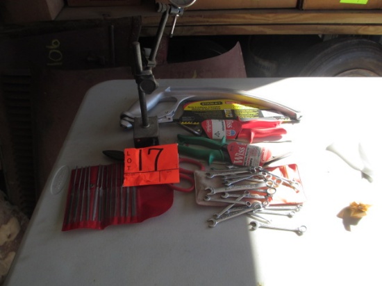 LOT-ASST. TOOLS. SMALL WRENCHES/HACKSAW/SNIPS/FILES/DIAL INDICATOR