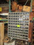 LOT-WALL MTD HARDWARE BINS/FILE DRAWERS/SCALE/ASST NUTS & BOLTS/SHOP STOOL/PLASTIC GAS CAN