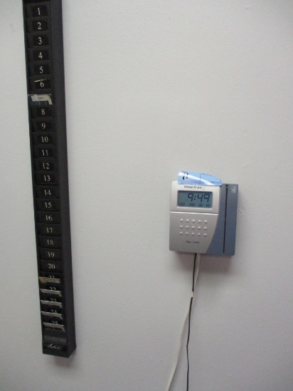 DIGITAL TIME CLOCK WITH CARD RACK BY TIME TRAX MFG. WORKING CONDITION
