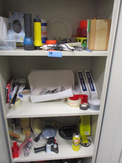 CONTENTS OF CABINET-OFFICE SUPPLIES/TAPE/DISPENSERS/GLUE GUNS/PAINTING SUPPLIES