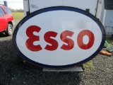 ESSO-DATED 1957- DOUBLE SIDED PORCELAIN SIGN WITH HANGER BRACKET-APPROX 88 IN DIAMETER