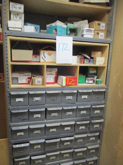 LOT- 8 FT SECTION SHELVING W/36 PULL OUT BINS/5 HOPPERS AND CONTENTS