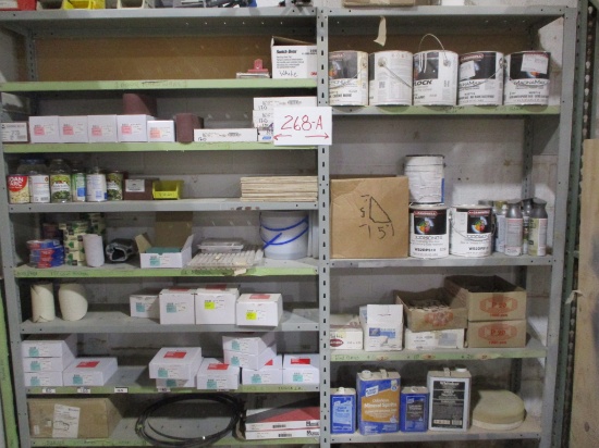 LOT-2 SHELVING LOT CONTENTS-SANDING DISCS & SHEETS/BAND SAW BLADES/JOINER PLATES/TAPES/STAINS
