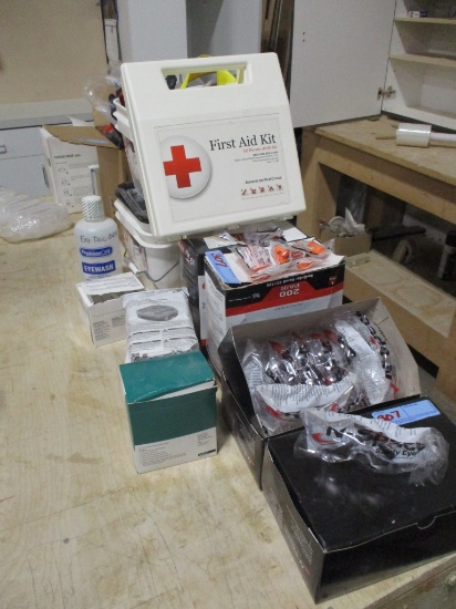 LOT-ASSORTED FIRST AID KIT ITEMS/EYE PROTECTION GLASSES-K95 MASKS-WORK GLOVES -MASK FILTERS ETC