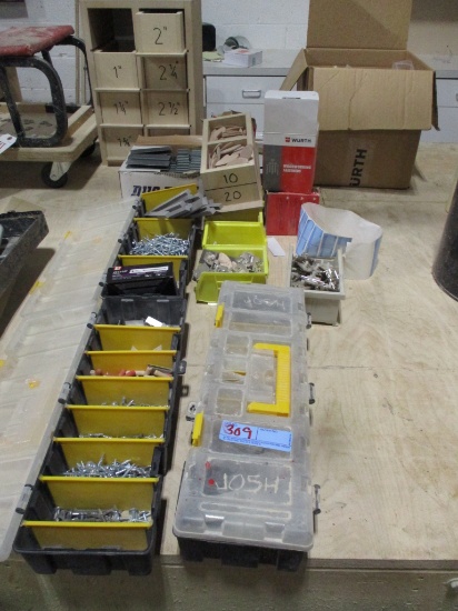LOT-HUNDREDS OF ASST. SCREWS/HINGE HDW./STAPLES/FASTENERS/BISCUITS