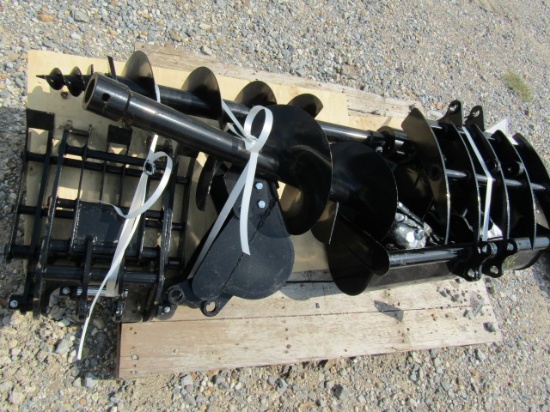 9862 (9) EXCAVATOR ATTACHMENTS QUICK HITCH RAKE RIPPER GRABER AUGER 12'' ROD S/N:B18048