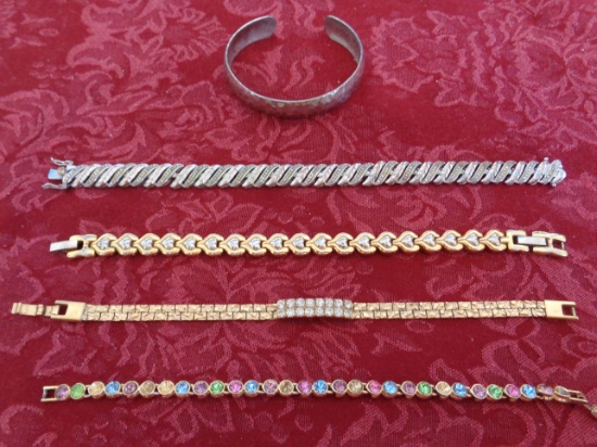(5) Costume Bracelets - (3) Gold W/ Stones & (2) Silver