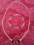 Womens 14K Gold Matching Necklace & Bracelet Set - 14K Gold W/ Onyx / Black Stones