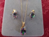 Womens 14K Gold Necklace & Ear Ring Set / Multi Colored Stone