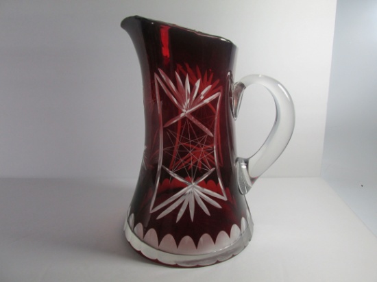 Vintage Bohemian Czech Ruby Cut to Clear Pitcher