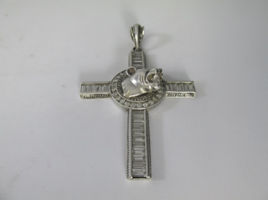 Sterling Silver Cross pendant w/ Wild Cat and Simulated Baguette