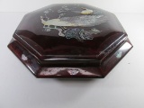 Chinese Octagonal Lacquered Wood Mother of Pearl inlay Peacock design Tray