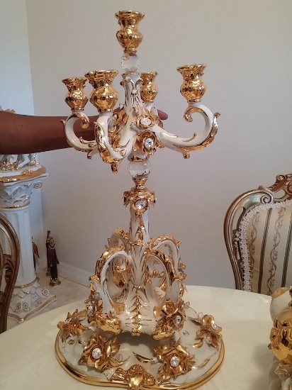 Capodimonte Limited Edition 5 Stick Candleabra 18 k Gold Painted w/ Swarovski Crystal Approx 15L x 8
