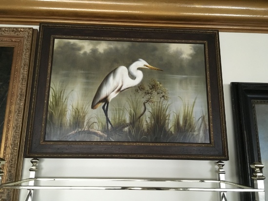 ORIGINAL OIL PAINTING WHITE BIRD STANDING SCENERY