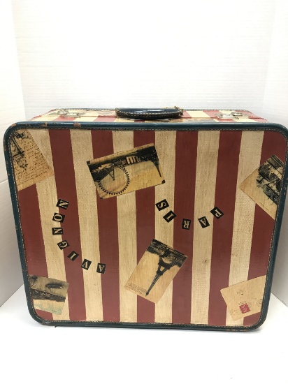 HIGGINS FIBERBOARD SUITCASE RED AND IVORY STRIPED