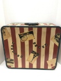 HIGGINS FIBERBOARD SUITCASE RED AND IVORY STRIPED