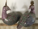 PAIR OF ASIAN BIRD FIGURINES MULTICOLORED W VINTAGE GOLD ACCENTS