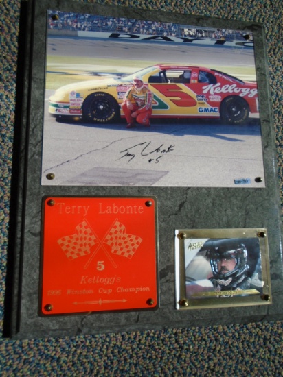 Terry Labonte Autographed 8 x 10 photo and card mounted on a plaque.