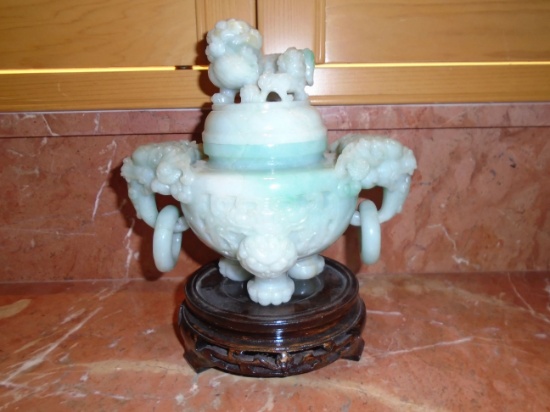 Jadite carved Chinese vase with lid.