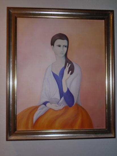 Oil painting in a frame, girl sitting holding hair.