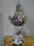 Large 3 pc Dresdan vase, with a female figural on the top
