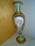 Serves French porcelain vase, light green with woman & floral design