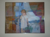 Oil painting in a frame. Little girl in white dress holding a basket.