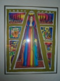 Painting in a frame, rainbow colored cloak.