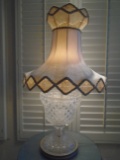 Crystal table lamp, crystal cut and lace lamp shade.