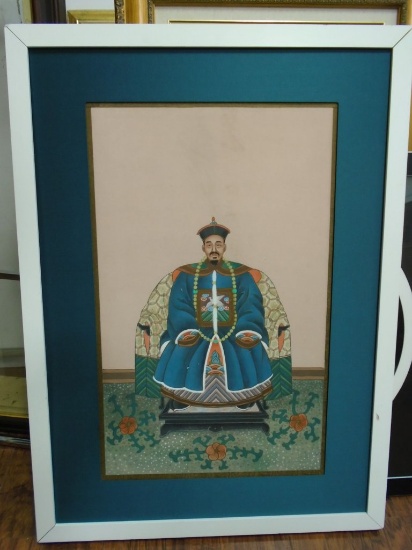 "Emperor" Silk screeen with teal satin matting in a white frame.