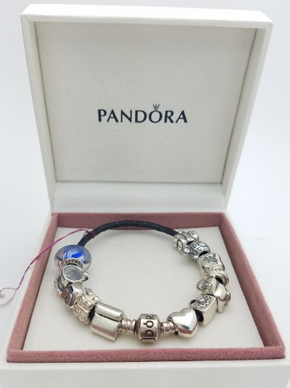 Womens Authentic Pandora Silver / 925 Leather Bracelet with 12 Pandora Charms & Box