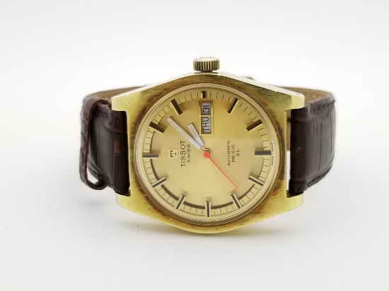 Vintage Tissot Swiss PR 516 Automatic Gold Watch with Leather Band