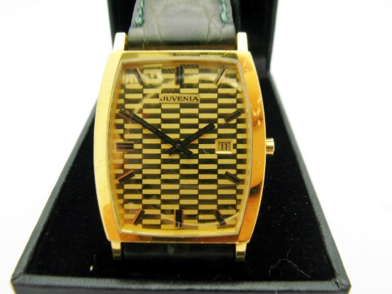 Mens Juvenia Solid 18k Yellow Gold Quartz Leather Band Watch