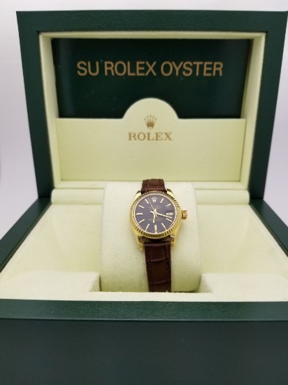 Authentic Ladies Rolex Datejust 18k Yellow Gold with Leather Band with Box