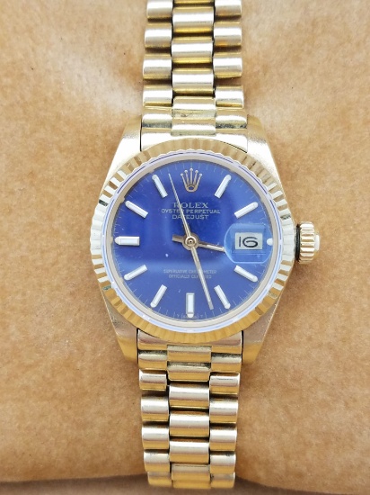 Authentic Ladies Rolex Day Date Original Blue Dial 18k Yellow Gold Watch