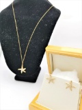 Womens 14k Yellow Gold Diamond Starfish Earrings & Necklace
