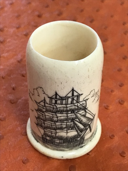 Antique miniature beautifully designed scrimshaw cylindric holder with marine sail boat curving on t