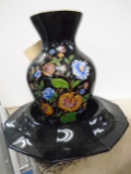 2 pc Black Glass vase & bowl.