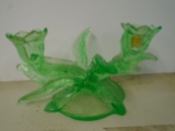Green glass double candle stick holder.
