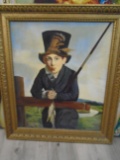 Painting in a gold frame. Boy in top hat, fishing.
