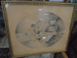 Framed artwork/sketch, 2 vintage ladies.