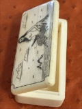 Antique miniature beautifully designed ivory bone box  with mermaid sitting in the miidle of the wav