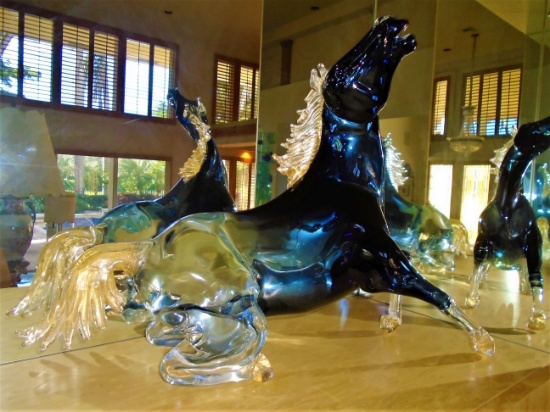 Murano Glass Horse sculpture by , Crystal Blue with gold flake details.