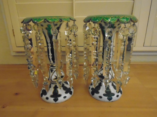 Pair of decorative green and white glass vases with hanging crystals.