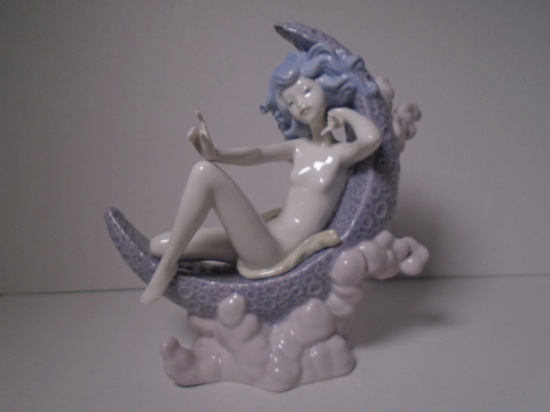 Lladro porcelain figurine. Blue haired girl sitting on the moon.