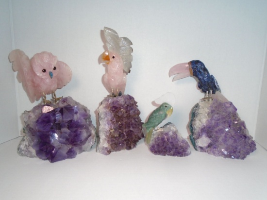 4 pc Precious crystal Birds sitting on amethyst geodes.